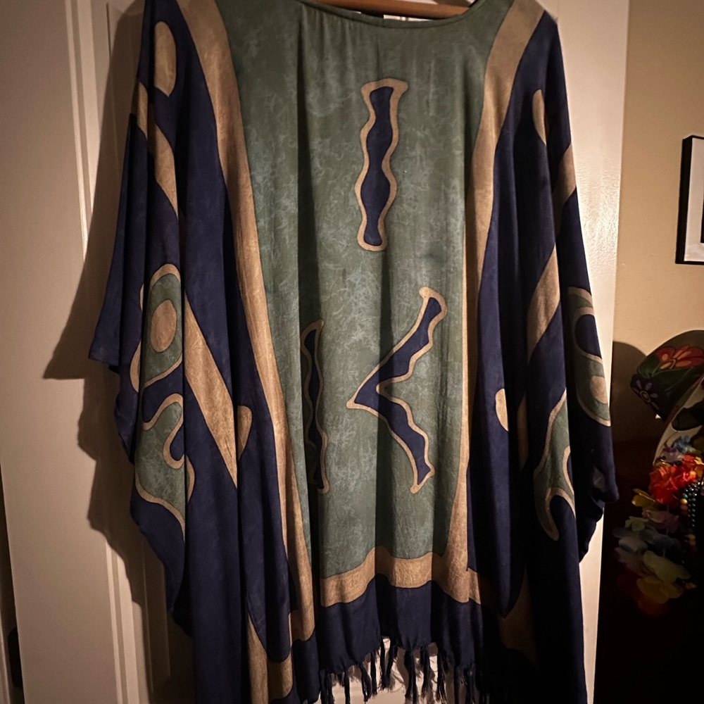 Hand Crafted Blue and Green Batik Tunic with Kimono Sleeves